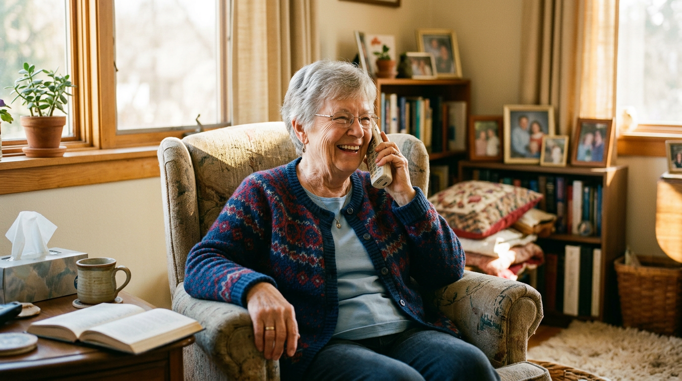 Elderly woman smiling while talking on the phone in a warm, sunny room