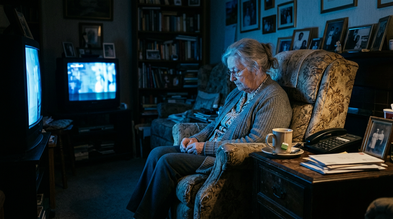 Elderly woman sitting alone in a dark living room